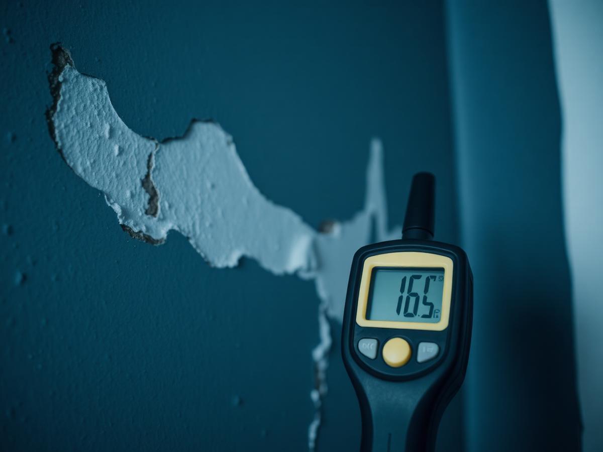 Calibrated moisture meter reading documented against water-damaged drywall